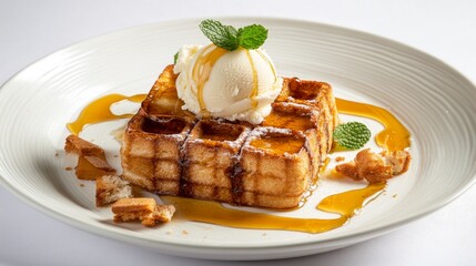 Poster - A beautifully styled plate of honey toast topped with ice cream, fresh mint, and a drizzle of honey, arranged on a white background for a fresh and modern look.