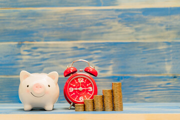 Wall Mural - Piggy bank and alarm clock and stacking gold coins for growing business and save money for prepare in the future put on the desk in the office, Time to saving concept.