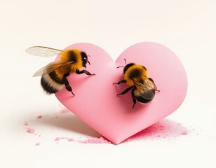 Wall Mural - there are two bees that are sitting on a pink heart.