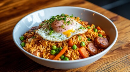 Wall Mural - A bowl of American fried rice with sausages, carrots, peas, and a fried egg on top, garnished with green onions, served on a wooden table