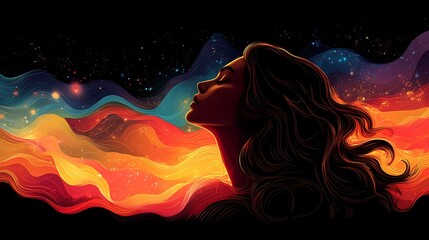 Wall Mural - Woman, cosmic, dreamscape, profile, art, night, flowing, colors, abstract, peace.