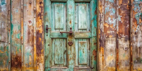 Wall Mural - A weathered teal wooden door, set within a decaying rusty metal frame, shows the passage of time and the beauty of age