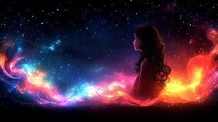 Wall Mural - woman cosmic nebula fantasy art, starry background.