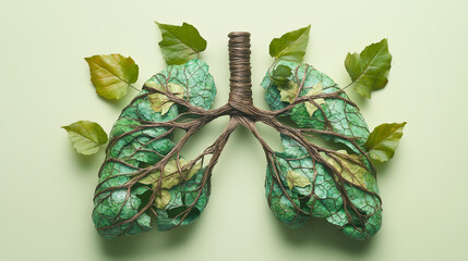 Poster - Creative lungs made of green leaves and vines on a pastel background