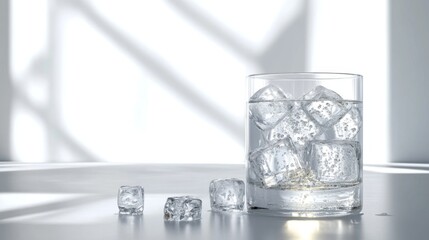Poster - A chilled glass of soda filled with large ice cubes and sparkling bubbles, sitting on a cool, smooth surface with soft natural light highlighting the texture