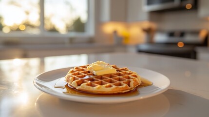 Poster - A classic waffle with butter and syrup on a simple white plate, surrounded by a clean, modern kitchen counter with subtle natural light.