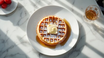 Poster - A classic waffle with butter and syrup on a simple white plate, surrounded by a clean, modern kitchen counter with subtle natural light.