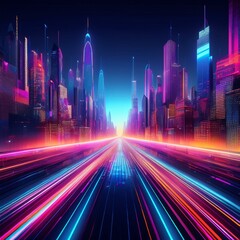 Poster - Abstract digital cityscape with vibrant neon light effects, showcasing futuristic urban architecture and hi-tech innovation for banner backgrounds