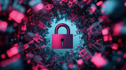 Poster - A conceptual image of a padlock surrounded by digital shields and firewalls, symbolizing the ongoing battle between cybersecurity measures and malicious hacking attempts.