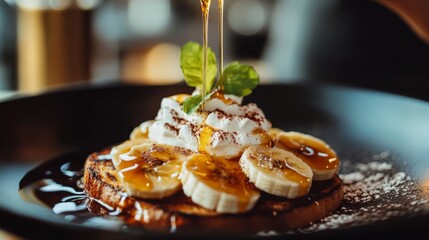 Poster - A close-up of a decadent honey toast dish topped with caramelized bananas, whipped cream, and a generous drizzle of honey, with soft natural lighting highlighting the textures.