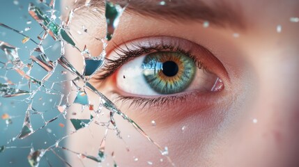 Poster - a single eye peering through a shattered mirror, with fragments reflecting distorted realities, allu