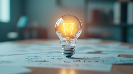 Poster - A lone light bulb suspended in a dark space, emitting a warm, inviting glow, surrounded by scattered sketches and scribbles on a wooden table, symbolizing the birth of an idea.