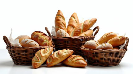 golden-brown loaves, freshly baked, in rustic wicker baskets, a delightful array of bread. a temptin
