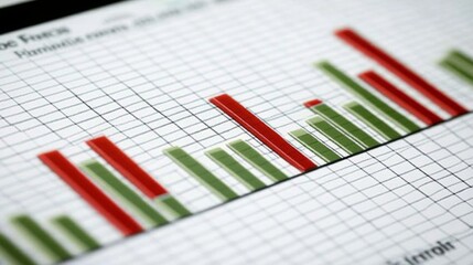Poster - A close-up of a financial bar graph displayed on a computer monitor, with fluctuating bars in red and green indicating market shifts
