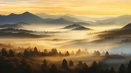 Aufkleber - Misty hills at sunrise with golden light breaking through foggy landscape