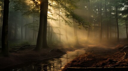 Poster - Soft morning light streaming through foggy forest trees