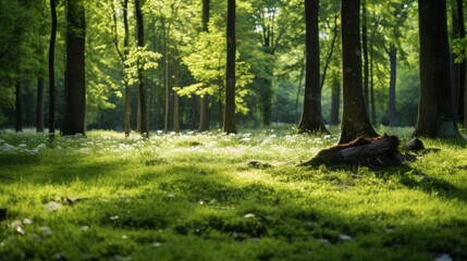 Poster - Soft sunlight on green grass in a quiet summer forest