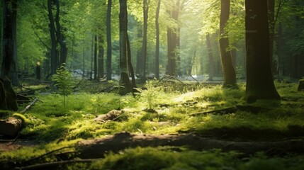Poster - Soft sunlight on green grass in a quiet summer forest