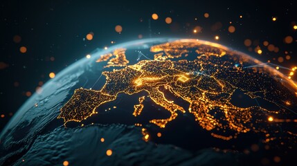 Poster - An aerial view of Earth from space with glowing lines representing internet traffic and communication networks, highlighting the global reach and impact of digital technology.