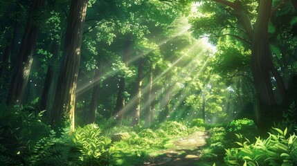 Poster - Sun-drenched magical forest with vivid greenery and tranquil ambiance