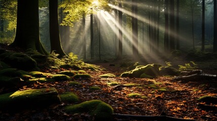 Poster - Sunbeams illuminating the forest floor covered with fallen leaves