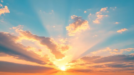 Poster - Sunlight bursting through scattered clouds at sunset, bathing the sky in a gradient of warm colors
