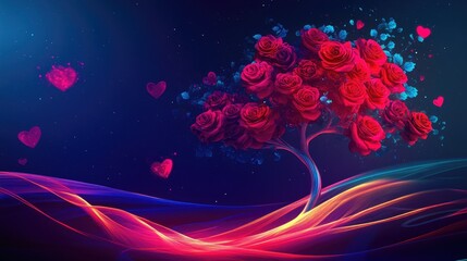 Poster - A vibrant Valentines Day card with a digital rose tree and glowing red roses in a futuristic design.
