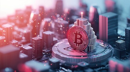 Poster - A futuristic cityscape with holographic projections of cryptocurrency symbols and blockchain diagrams, symbolizing the potential impact of blockchain technology on finance and commerce.