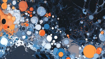 Poster - Abstract molecular elements in bright orange, blue, and gray, interconnected and floating in a dark, cosmic-like space.