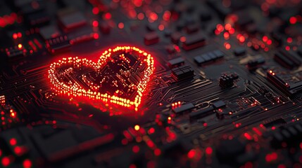Poster - An abstract design of a heart-shaped circuit with vibrant red lights on a detailed motherboard, merging love with technology.
