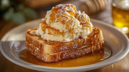 Poster - A close-up of a thick slice of honey toast, generously topped with creamy ice cream and a drizzle of honey, with a soft focus background to highlight the dessert.