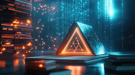 Poster - An abstract technology-themed design with a network of glowing triangles and nodes in 3D space.