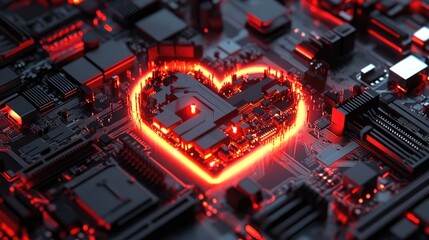 Poster - An artistic heart-shaped electronic circuit with red LED highlights, intricately placed on a dark motherboard.