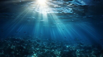 Aufkleber - Underwater view of dark blue ocean surface, sun rays visible