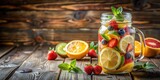 Freshly brewed fruit infused detox water in a glass jar with a lid on a rustic wooden table , organic, nutrition