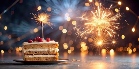 Wall Mural - Slice of Birthday Cake with Sparkler, fireworks, birthday,  fireworks, birthday, sparkler, happy occasion, festive,cake