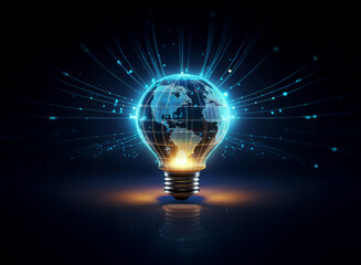 Aufkleber - A glowing lightbulb reveals a digital Earth, radiating energy and data streams.  It symbolizes global connectivity and innovative ideas.