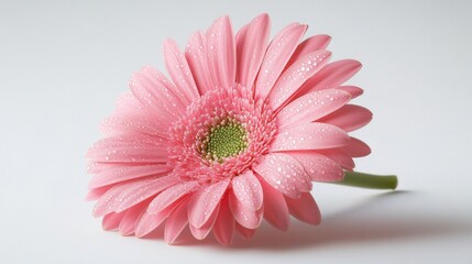 Poster - A close-up shot of a pink flower with clear water droplets on its petals, captured with soft lighting, giving the petals a fresh, dewy look