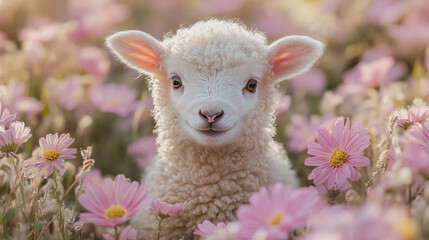 lamb portrait among pink cosmos flowers, spring nature innocence concept