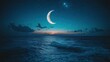 © VideoStones - A serene crescent moon hangs over a tranquil ocean under a starry night sky. Perfect for meditation or sleep apps promoting relaxation and tranquility.