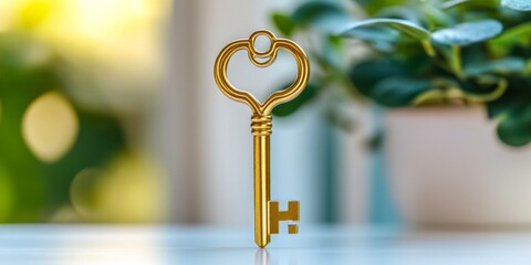 Poster - A beautiful golden key shaped like a heart stands proudly on a white surface. It symbolizes love and opportunity. This stylish image is perfect for romantic themes or decorative purposes. AI