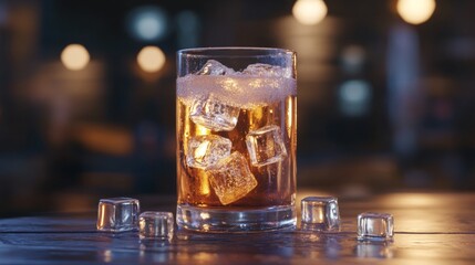 Poster - A cold glass of beer filled with ice cubes, condensation dripping down the sides, placed on a wooden surface with soft lighting highlighting the refreshing look