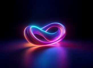 Fototapete - Glowing, vibrant, abstract form with a smooth, curved surface.  Neon pink, blue and orange hues illuminate a dark background, creating a futuristic, ethereal feel.  The shape reflects subtly on the gl