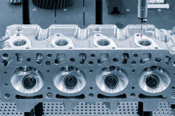 Poster - Coordinate measuring machine probe measure cylinder block of diesel engine repair.  cylinder block, Car engine cylinder heads. Industry car service concept