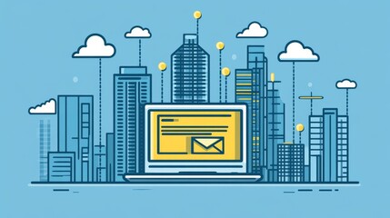 Poster - Laptop Displaying Email amidst a Cityscape of Construction and Clouds