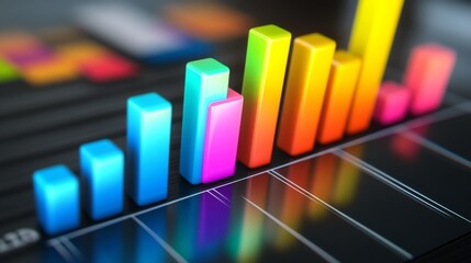 Leinwandbilder - A colorful D bar graph with glowing, stacked bars, illustrating progress and data analysis in a vibrant, high-tech setting