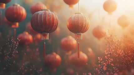 Poster - Red lanterns hanging amidst blooming flowers at sunset.