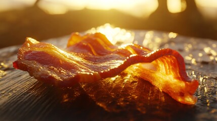 Poster - A crispy bacon strip placed on a wooden surface, with a slight curl on the edges, with soft, natural light enhancing the golden tones