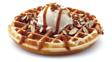 Poster - A delicious waffle with a dollop of vanilla ice cream, caramel drizzle, and almond flakes, presented in a minimal, elegant style on a white background.