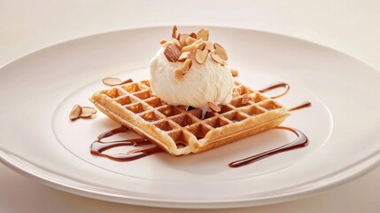 Poster - A delicious waffle with a dollop of vanilla ice cream, caramel drizzle, and almond flakes, presented in a minimal, elegant style on a white background.